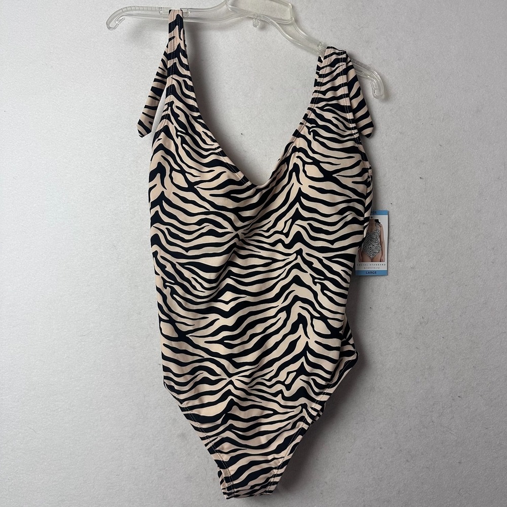 Social‎ Standard by Sanctuary Zebra Print One Piece Swimsuit Tie Shoulder Tan L